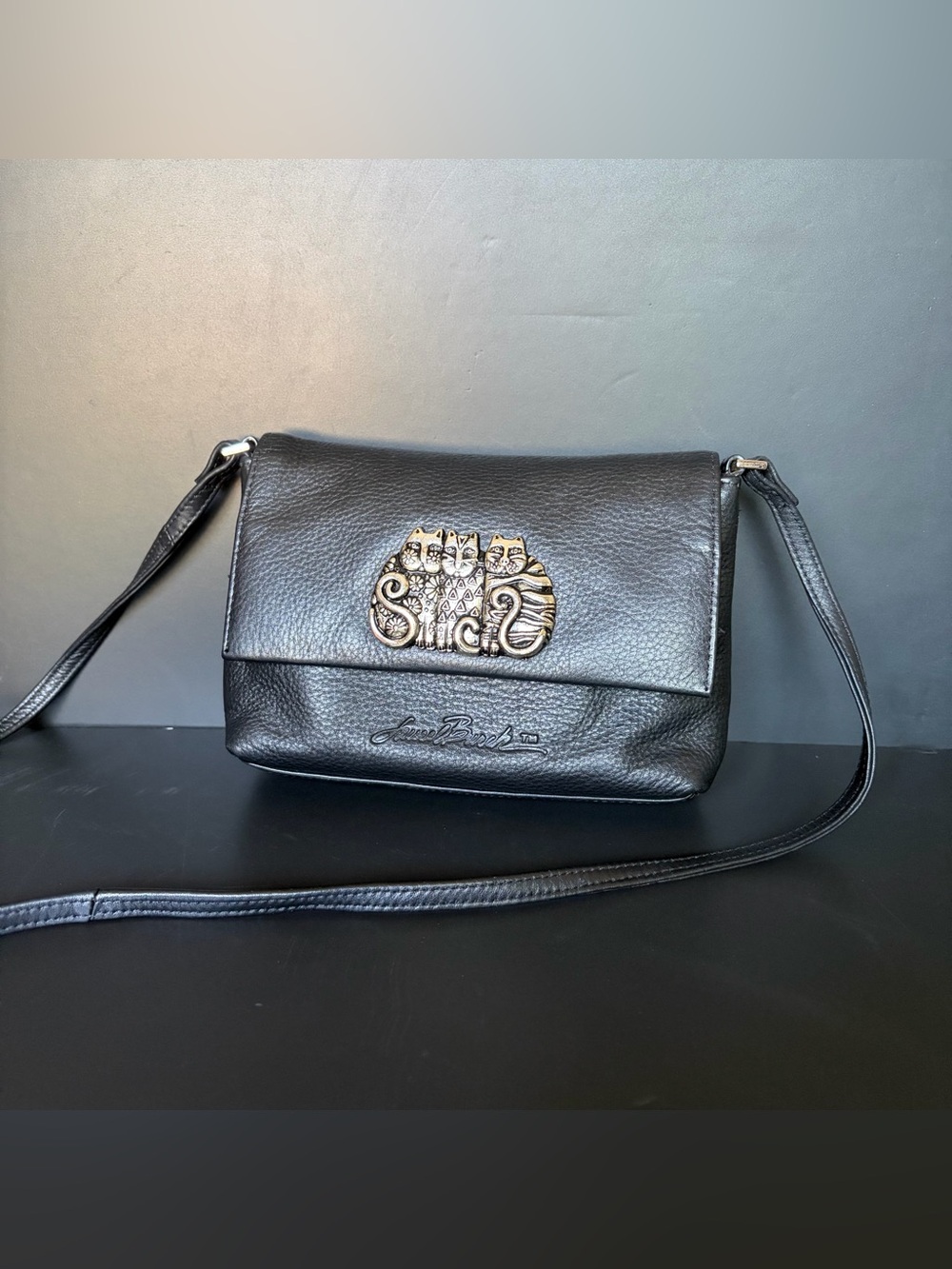 Laurel Burch Cat Trio‎ Mini Crossbody Bag Black Leather Whimsical Fun Witchy